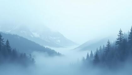 Mountain peaks hidden in foggy valley