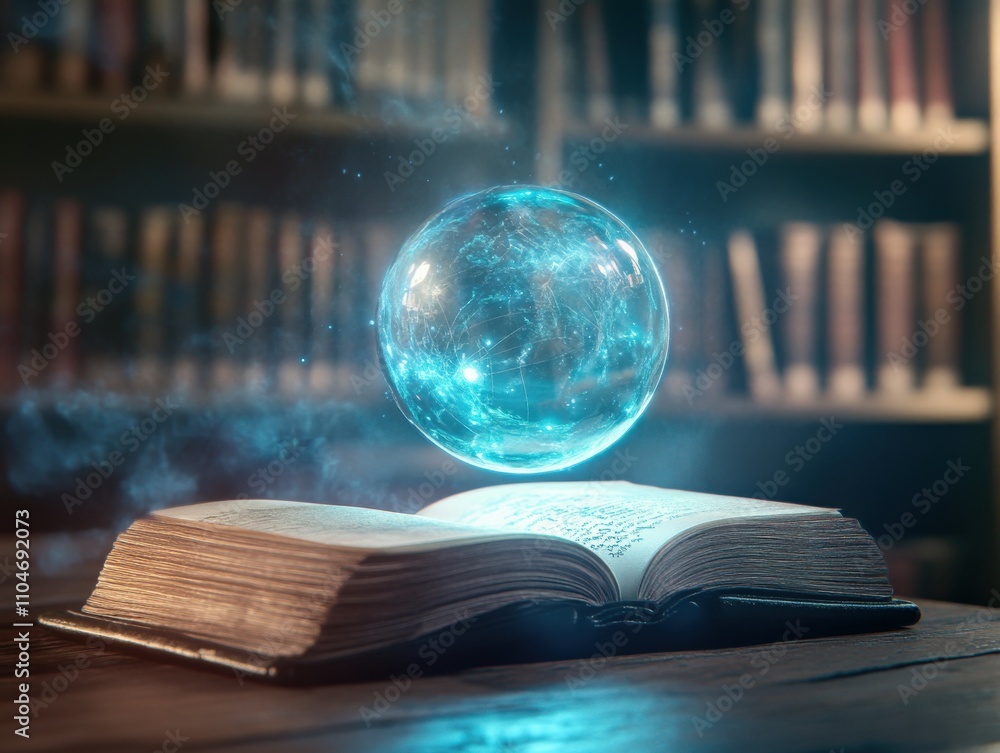 Poster magical book with glowing orb in a library setting