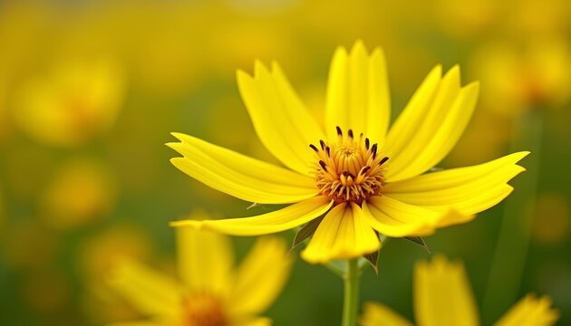 Yellow daisy with yellow center in field of similar flowers - Powered by Adobe
