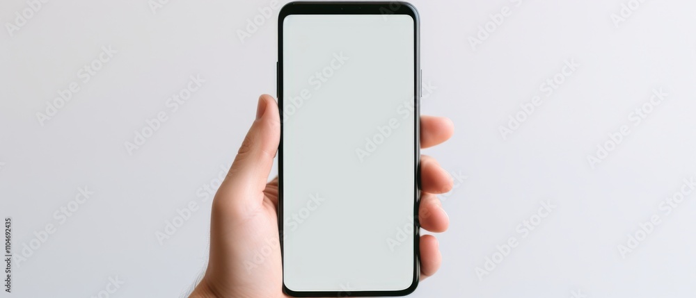 Poster hand holding a smartphone with a blank screen for customization