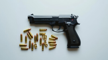 black pistol with golden bullets and various components displayed