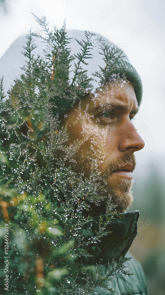 Poster a man with a contemplative expression, partially obscured by a tree's foliage.