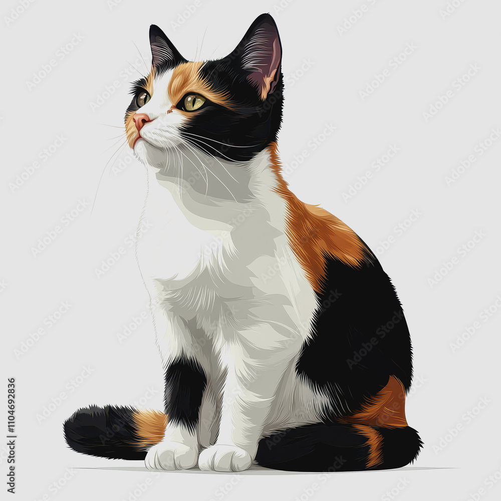 Poster illustrative portrait of a curious calico cat with striking features and vivid color patterns on a n