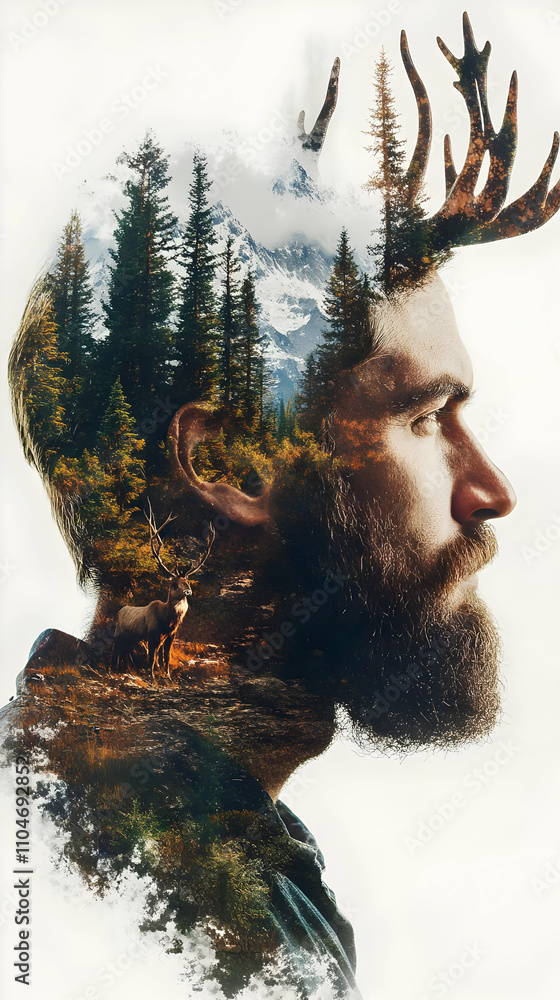 Poster A double exposure portrait blending a man's profile with a forest landscape.