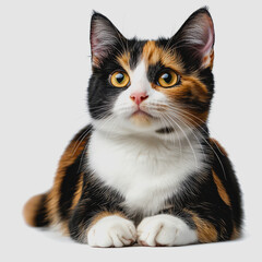 Adorable Calico Cat with Striking Fur Patterns and Expressive Eyes Gazing Curiously Against a Light Grey Background