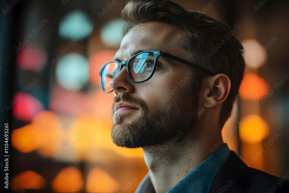Poster A thoughtful man in glasses gazes upward, illuminated by colorful lights.