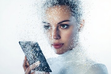 a woman interacting with a smartphone surrounded by a digital effect