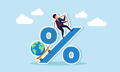 A businessman climbs a percentage sign pulling a globe with a skateboard and rope, illustration of the burden in increasing a company's market share