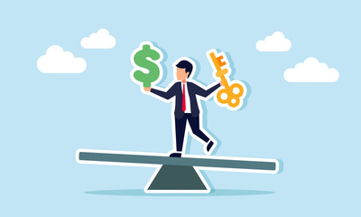 A businessman on a seesaw holding a dollar sign in one hand and a key in the other, illustration of equal comparison between solutions and costs