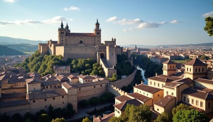Fototapeta premium Castle overlooking European cityscape from hilltop