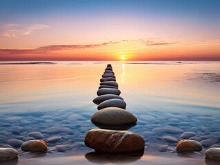 peaceful sunset over calm waters with a stone pathway
