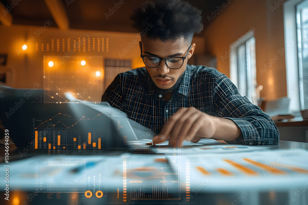 Leinwandbilder a young man analyzes data and charts while working on a laptop in a modern workspace.