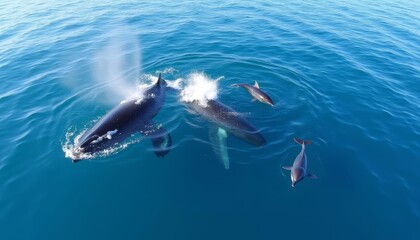 Fototapeta premium A school of dolphins swimming together in the ocean