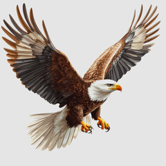 Obraz premium Detailed Illustration of an American Bald Eagle in Flight with Outstretched Wings Against a Plain Background, Capturing the Majesty of Nature in Stunning Realism