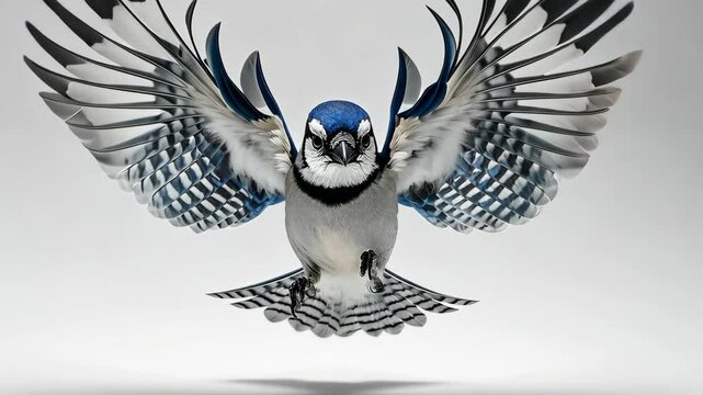 Blue jay in mid-flight showcasing vibrant feathers and a fierce expression against a minimalist background
