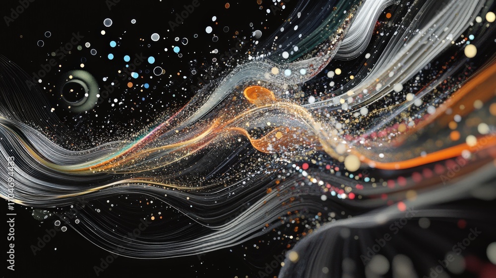 Poster abstract digital art with flowing lines and colorful particles