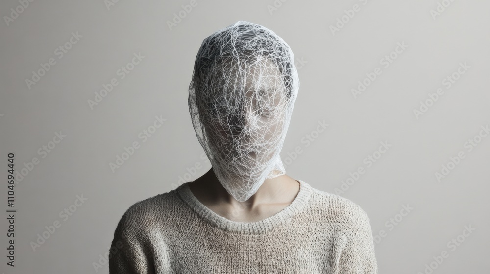 Poster conceptual portrait of a person with a distorted face covered in mesh