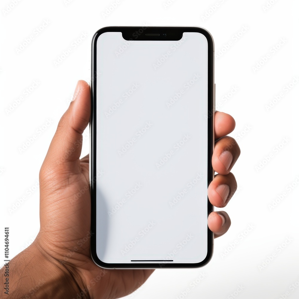 Poster hand holding a smartphone with a blank screen for customization
