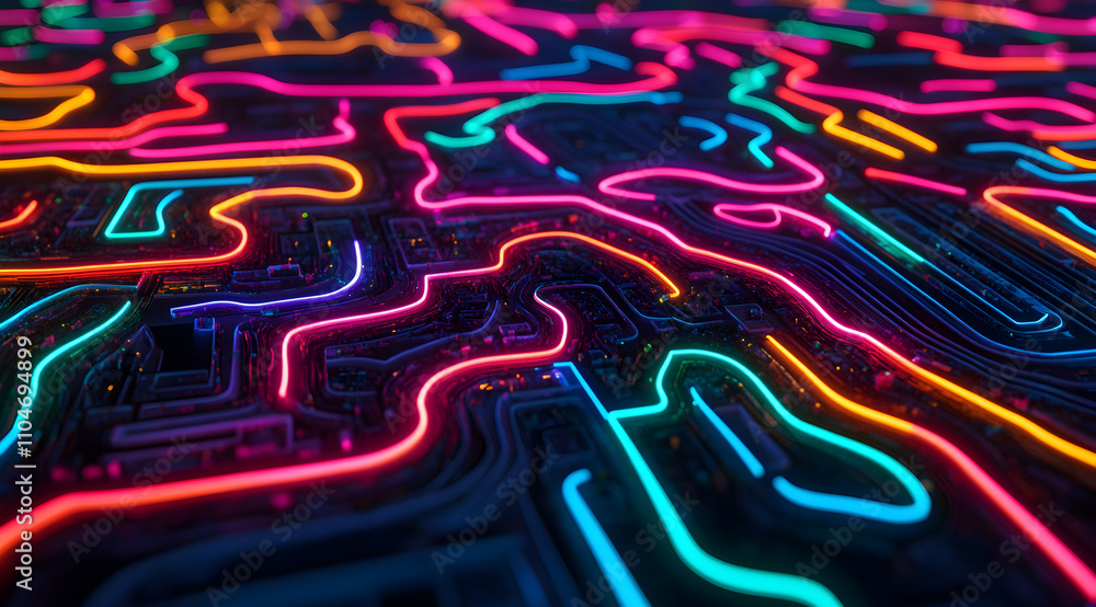 Poster a vibrant, abstract design of glowing neon lines creating intricate patterns against a dark backgrou
