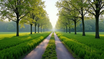 Obraz premium Picturesque path through lush greenery with trees lining both sides of the road