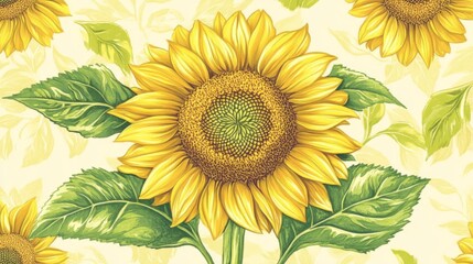 Vibrant Sunflower Pattern with Leaves on Soft Yellow Background