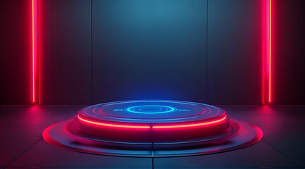 A futuristic platform illuminated by blue and red lights, set against a dark background, creating a vibrant, sci-fi ambiance.