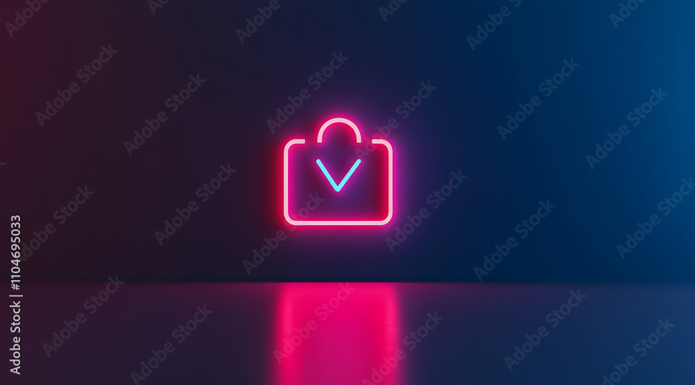 Poster a neon icon resembling a camera with a checkmark, set against a dark gradient background, symbolizin