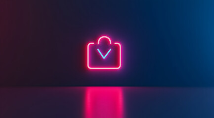 A neon icon resembling a camera with a checkmark, set against a dark gradient background, symbolizing validation or approval in a modern aesthetic.