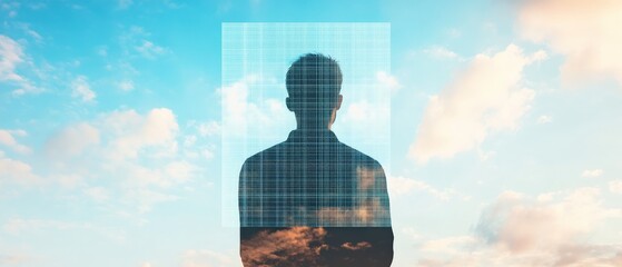 silhouette of a person against a cloudy sky with digital overlay