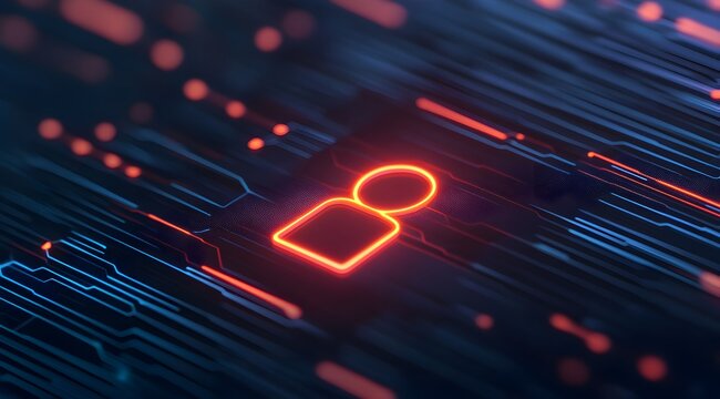A glowing icon of a person is set against a backdrop of digital lines, representing technology, identity, and connections in a modern, virtual environment.