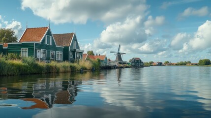 Obraz premium Picturesque Dutch village with traditional green houses, a windmill, and a canal reflecting the sky.