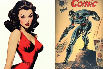 vintage comic book art featuring a stylish woman and a heroic figure