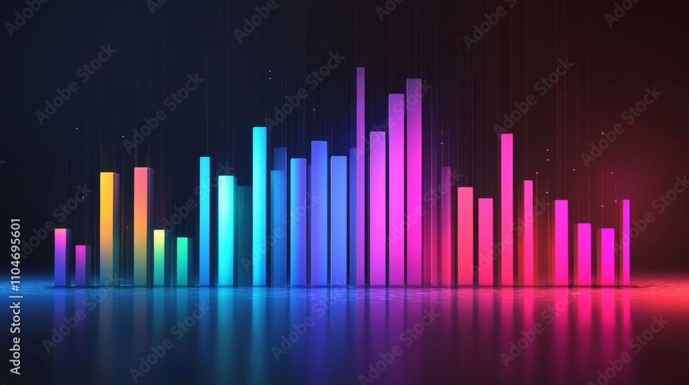 Poster colorful audio visualizer with neon bars and reflections in dark background