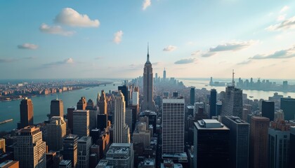 Bright blue sky over a city skyline with a body of water in the foreground