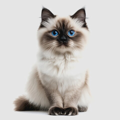 Adorable Fluffy Cat with Striking Blue Eyes Sitting on a Neutral Background Displaying Its Charming Personality and Soft Fur Texture for Stock Photography Use