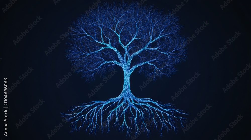 Poster glowing tree with roots in vector art style