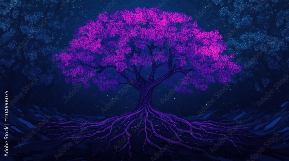 Poster glowing tree with roots in vector art style
