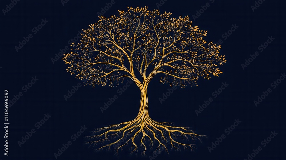 Poster glowing tree with roots in vector art style