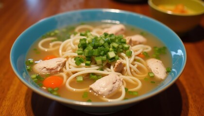 A bowl of chicken noodle soup with carrots and onions on a wooden table