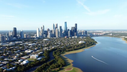 Naklejka premium Urban skyline with blue river, homes & trees