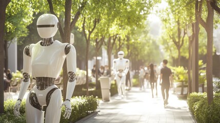 Obraz premium A futuristic city park populated by friendly humanoid robots assisting visitors, Utopian style, photo of