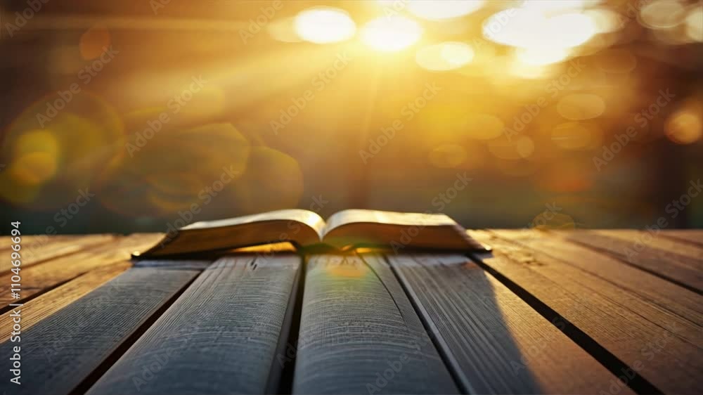 Poster serene reading an open book on wooden table bathed in warm sunlight with soft bokeh effect in nature