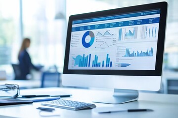 Naklejka premium data analysis dashboard with graphs and charts on a computer screen