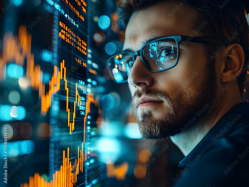 Poster A focused individual analyzes financial data on a digital screen, reflecting a tech-driven environment.
