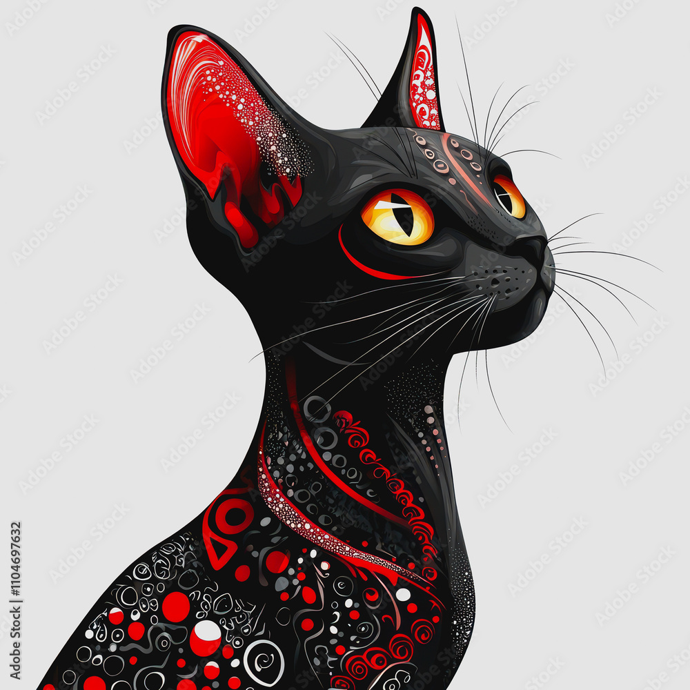 Poster colorful artistic representation of a black cat with intricate patterns and vivid red and orange acc