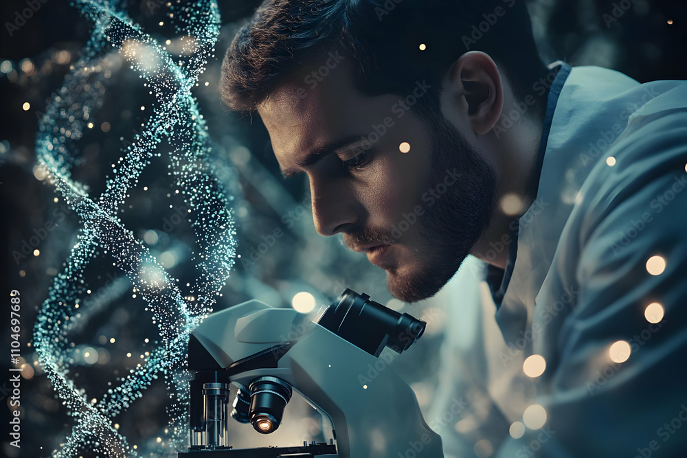 Poster a scientist examines a microscope with a dna strand overlay, symbolizing research and discovery.