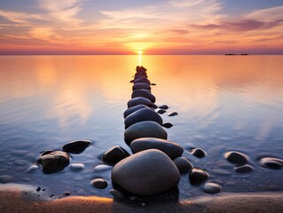 serene sunset over calm waters with stepping stones