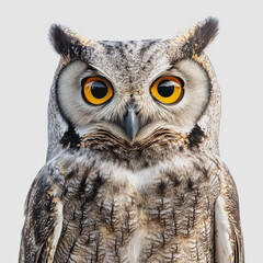 Obraz premium Stunning Close-Up of a Striking Owl with Vibrant Yellow Eyes Showcasing Intricate Feather Patterns and Captivating Features Against a Plain Background