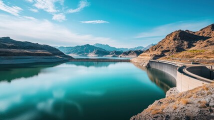 Obraz premium Scenic view of a tranquil reservoir, reflecting the surrounding mountains and a highway winding along the dam.