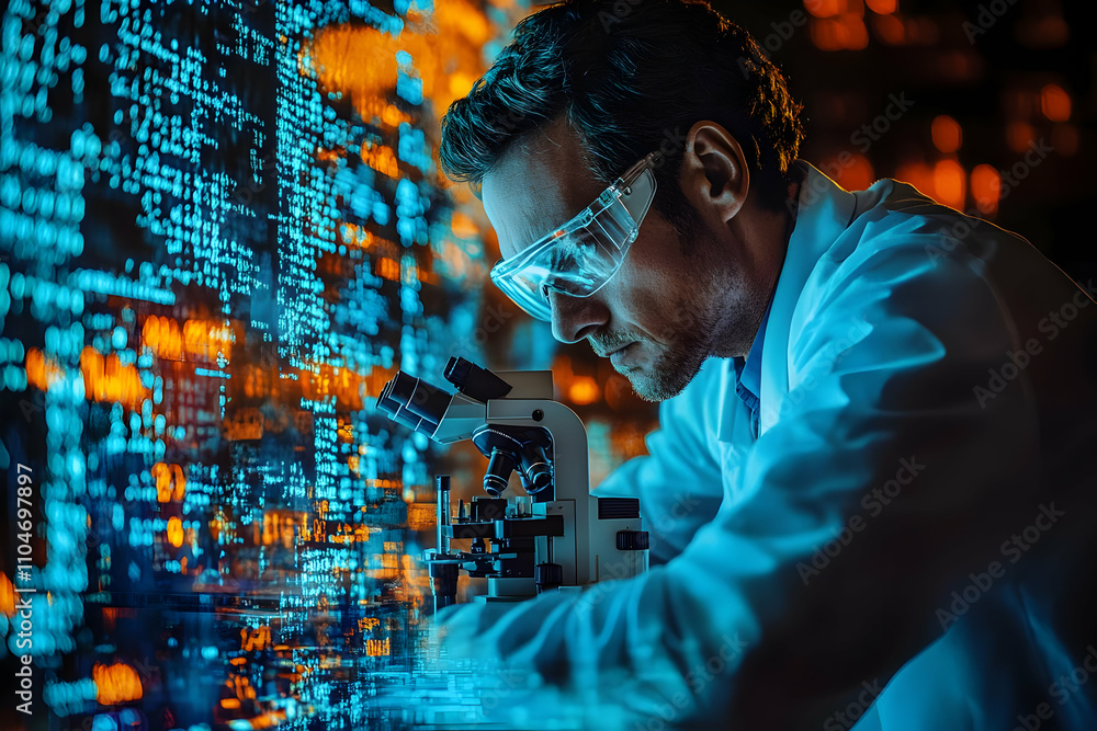 Poster A scientist examines samples under a microscope, surrounded by digital data visuals.